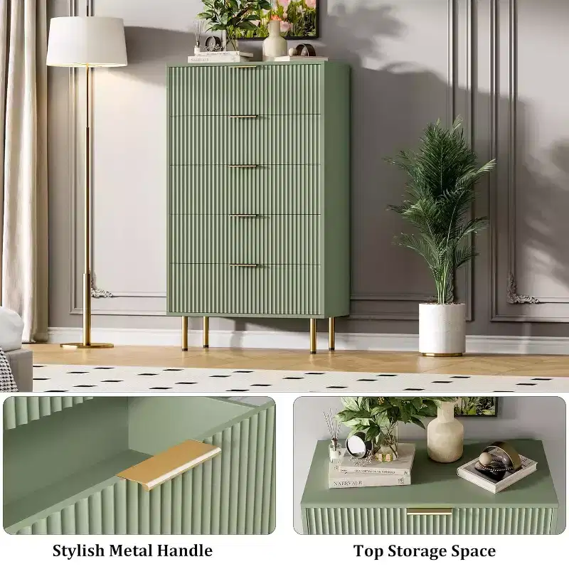5 Drawer Dresser, Tall Modern Chest with Fluted Panels & Wide Gold Handles, Bedroom Storage Organizer for Closet, Living Room, Entryway