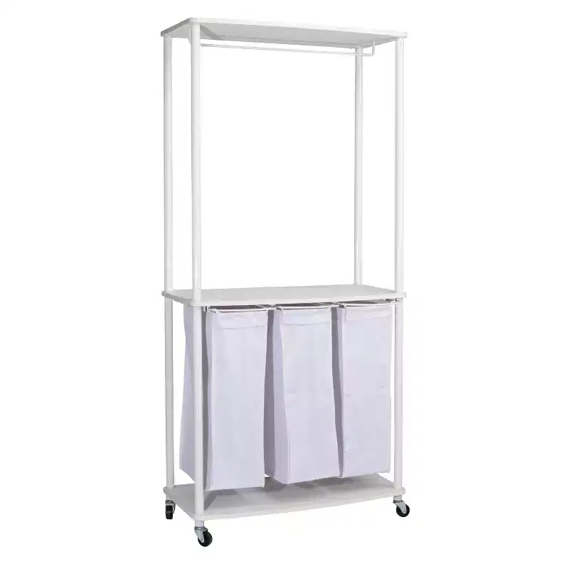 3-Bag Laundry Center, Smooth Laminate Shelving, Sturdy Steel Frame, Hanging Bar, Wheeling and Stationary Feet Options