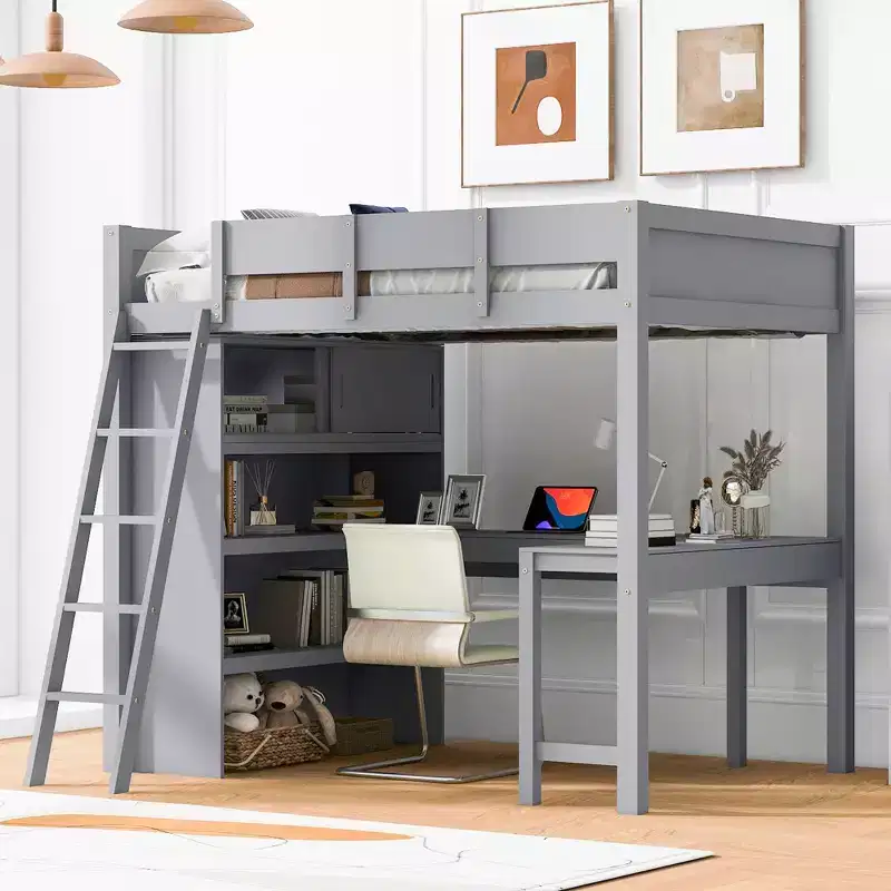 Full Size Loft Bed with Desk and Shelves, Wooden Loft Bedframe with Two Built-in Drawers for Bedroom