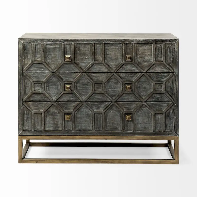 Genevieve I Gray Fir Veneer w/ Iron Frame & 3 Drawer Accent Cabinet - 39.0L x 15.7W x 30.9H