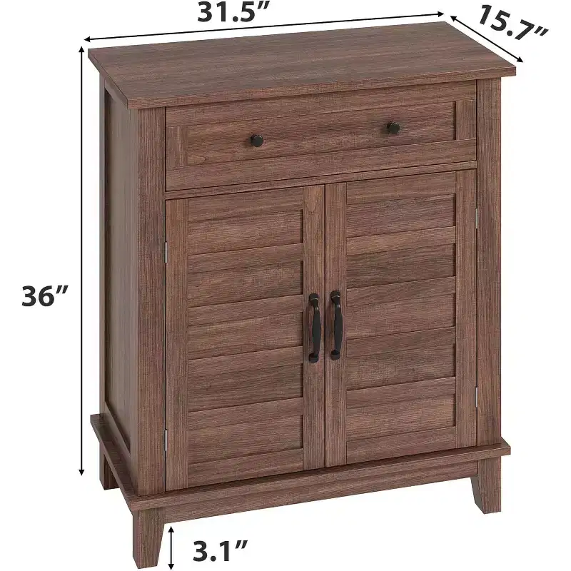 31.5 Rustic Storage Cabinet, with Slatted Doors, 3-Tier Adjustable, Double Door Locker, for Kitchen, Dining Room, and Home Office