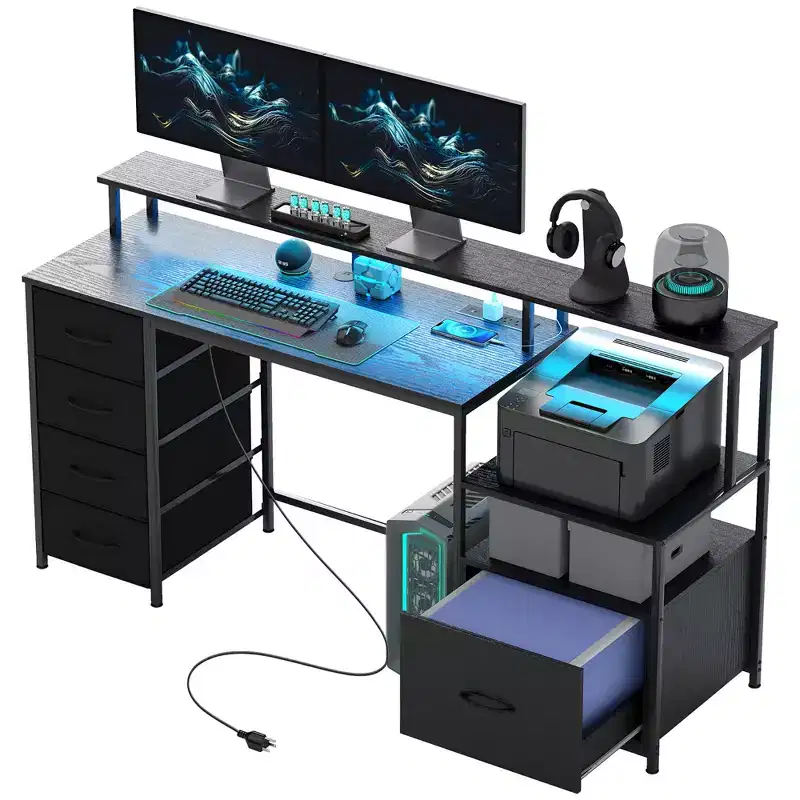 Computer Desk with Power Outlets and LED Lights, 67 Computer Table with File Cabinet and Fabric Drawers