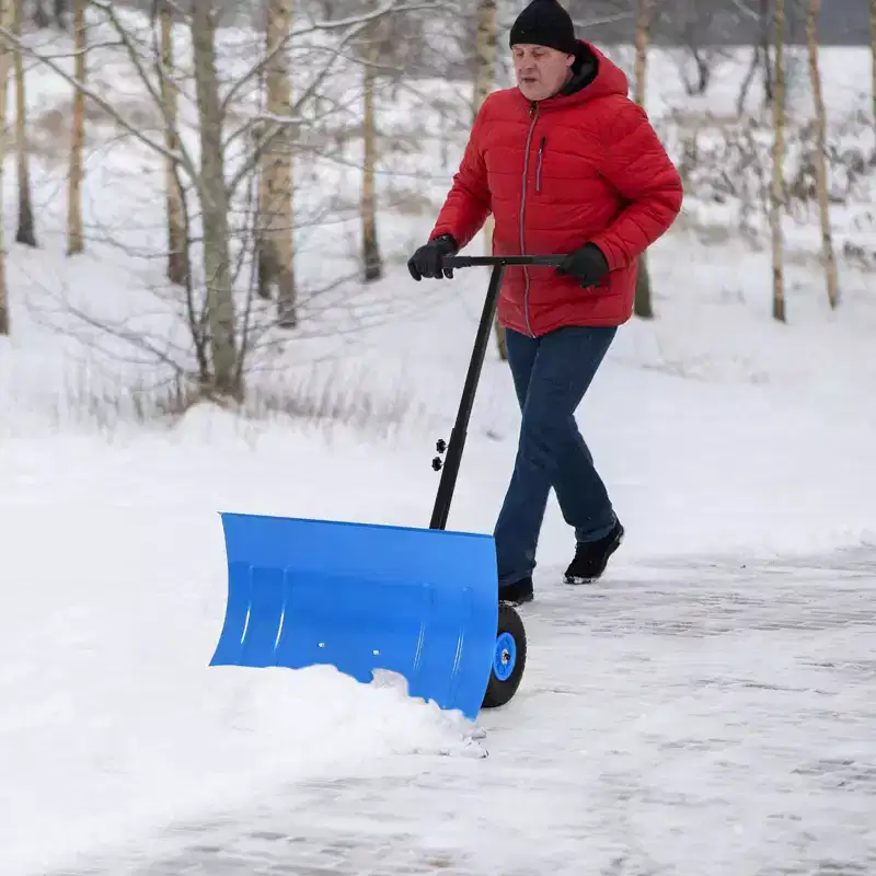 Blue/Red/Yellow Wheeled Snow Pusher Shovel, Adjustable Angle & Height, Single User