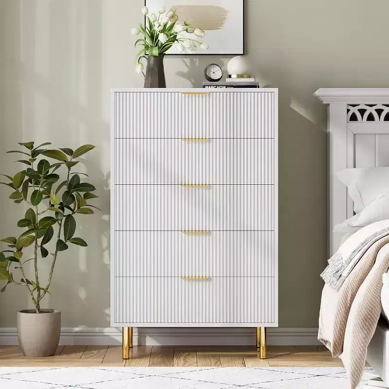 Modern 5 Drawer Dresser for Bedroom with Gold Handle and Large Drawer, Wood Double Chest of Drawers and Storage Organizer