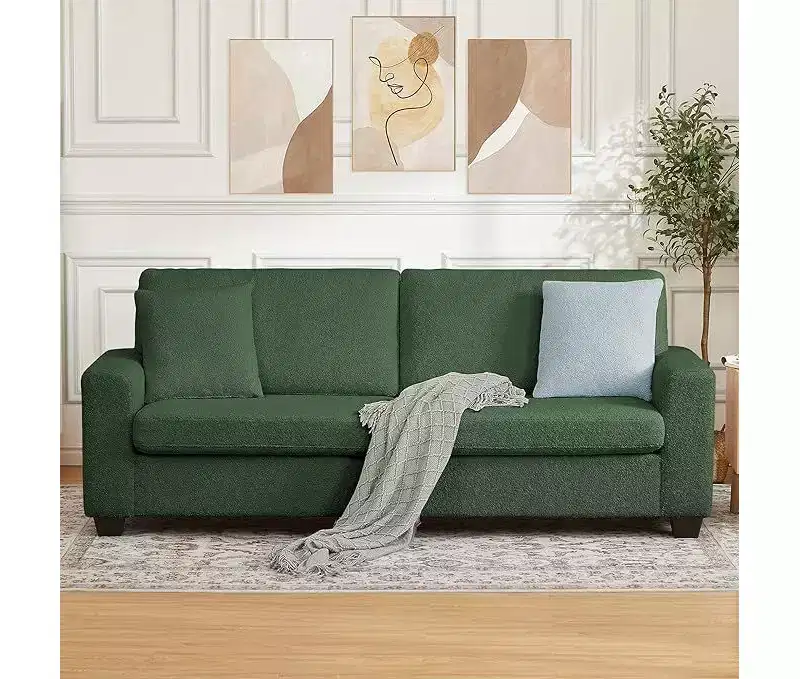 Seater Sofa, Deep Seat Couch with Wide Armrest, Removable Washable Cushions, Cozy Boucl for Living Room, Green