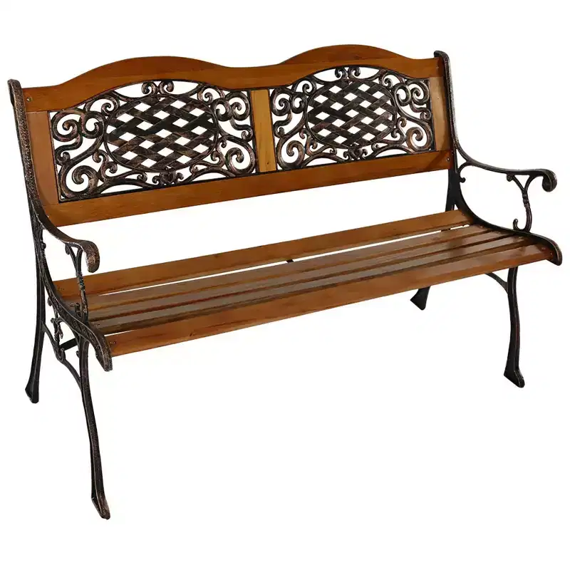 Sunnydaze 2-Person Ivy Crossweave Design Cast Iron and Wood Frame Outdoor Garden Bench