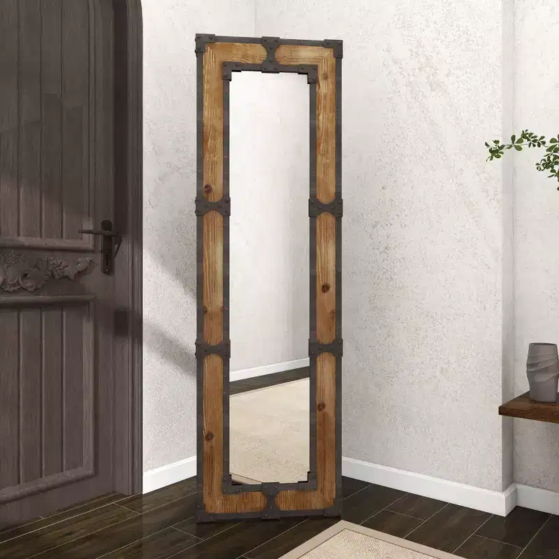 Rustic Wood Floor Mirror Brown  Freestanding, Decorative, Ornate Wooden, No Assembly Required