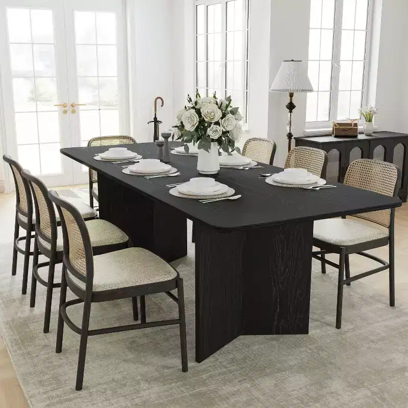 79 x 33.5 Solid Wood Farmhouse Dining Table with V-Shaped Legs and Square Wood Top for Modern Dining Rooms & Family Gatherings Black