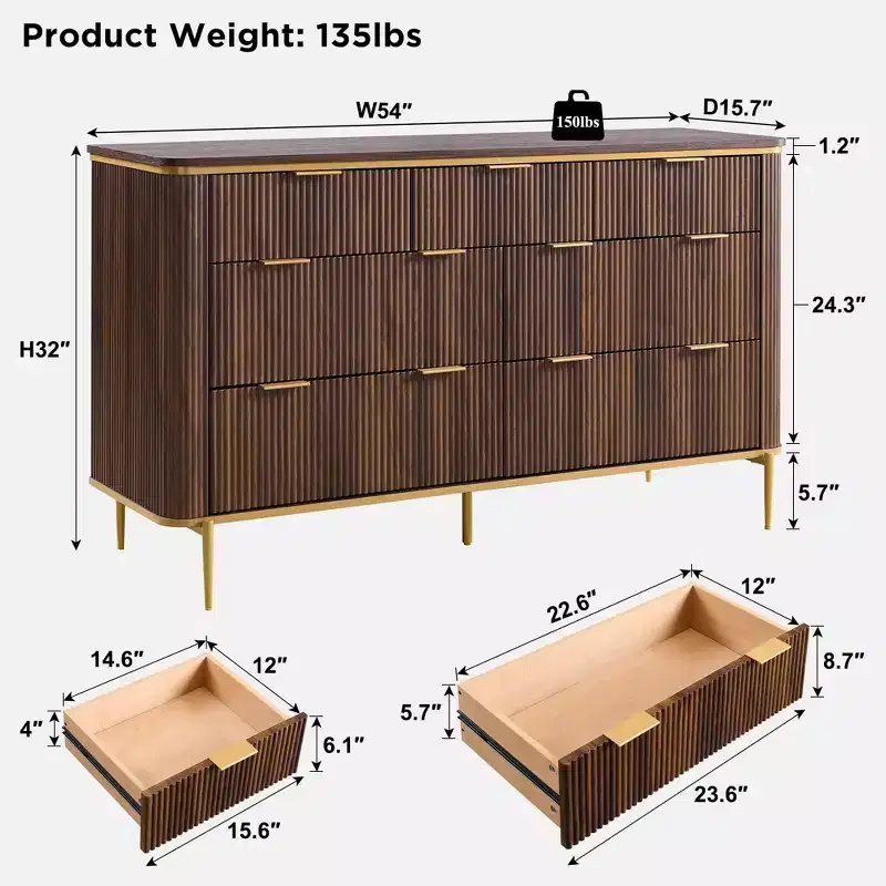 SinCiDo Fluted 7 Drawer Modern Dresser, 54 Wide Dresser TV Stand with Gold Accents, Wood Storage Organizer for Bedroom, Living Room