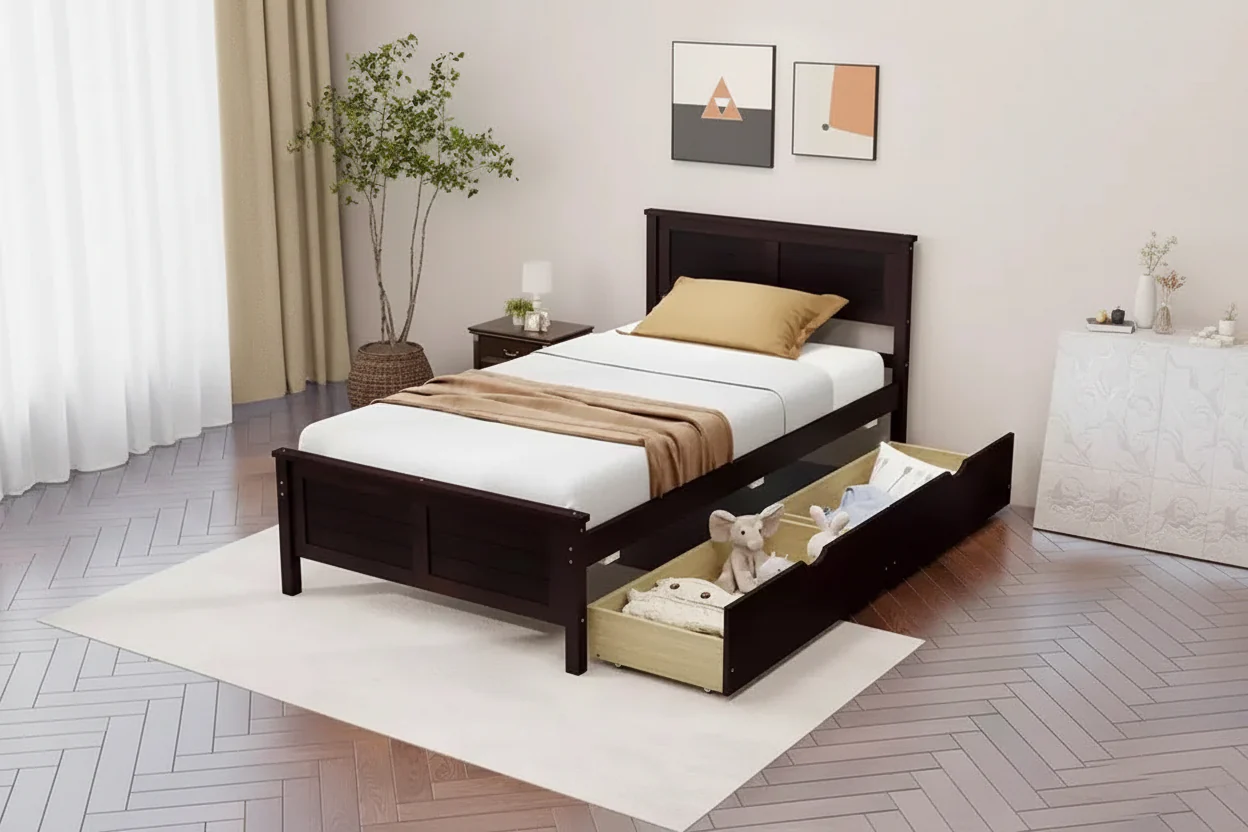 Twin Size Wooden Bed Frame with 2 Storage Drawers & Under-Bed Storage – Espresso