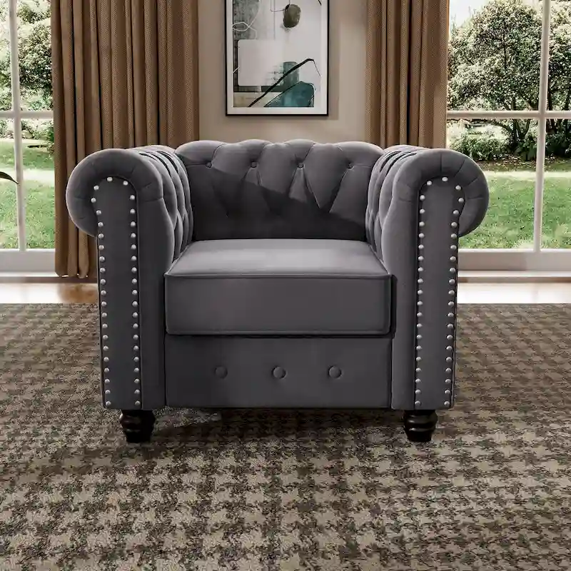 Velvet Chesterfield Club Chair, Button Tufted Upholstered Armchair with Nailhead and Solid Wood Legs for Living Room