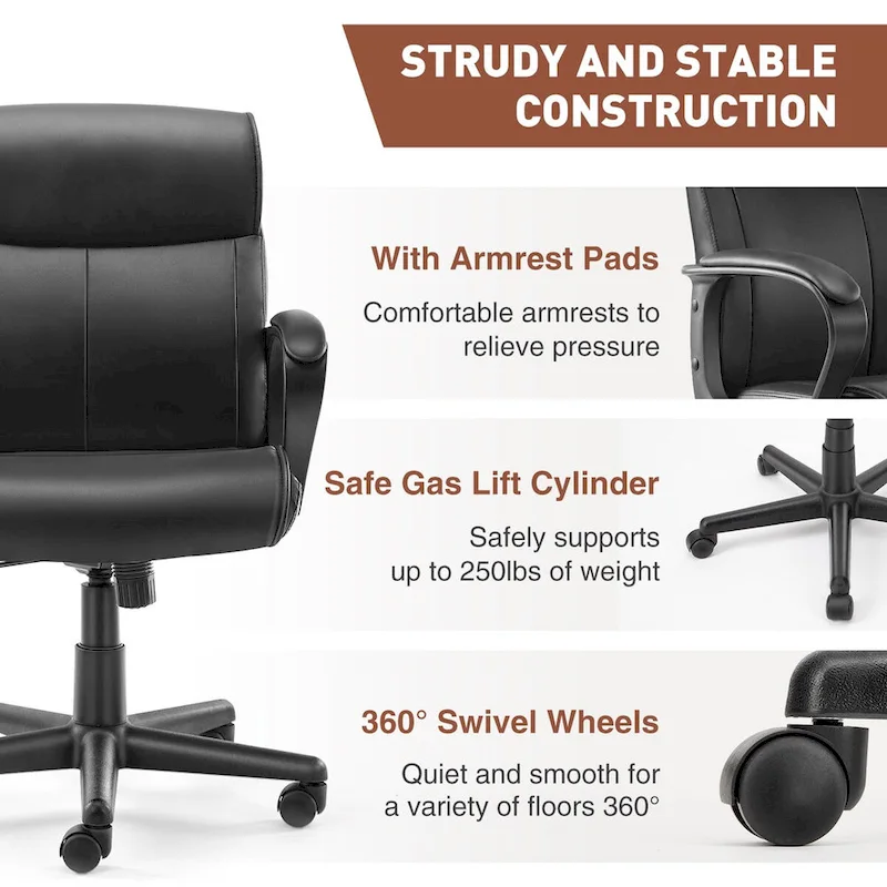 Adjustable Office Chair with Padded Armrests and PU Leather Seat