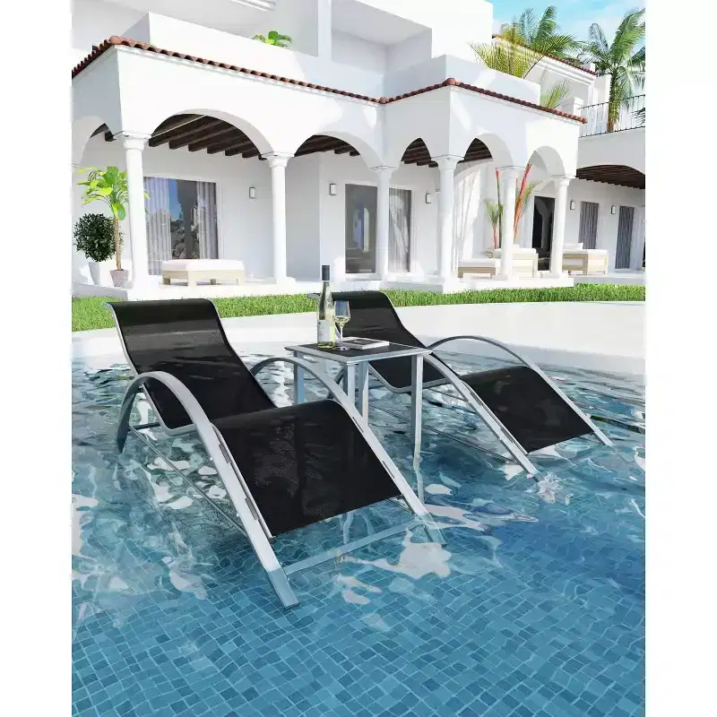 Patio Chaise Lounge Set of 3, Outdoor Pool/Beach Sunbathing Lawn Lounger with Arm & Side Table, for Poolside, Backyard