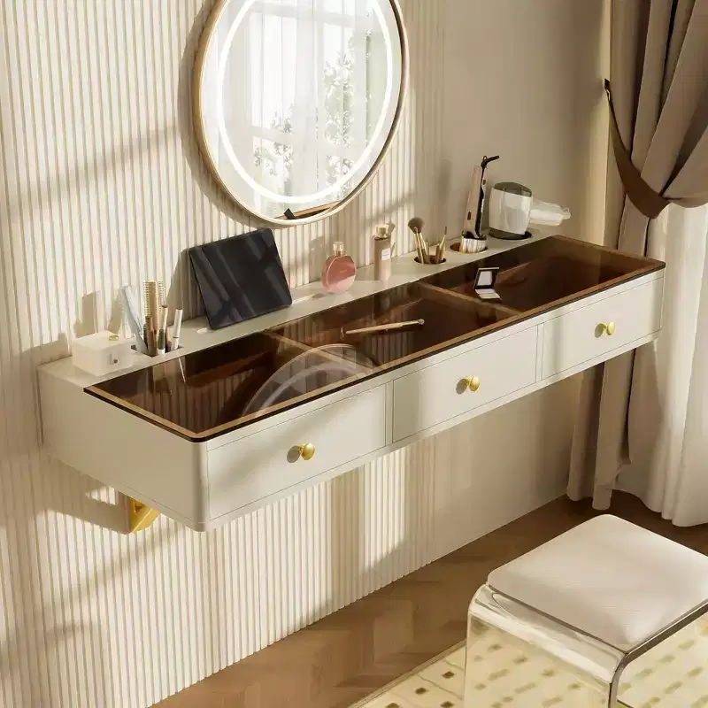 Okak Multi-Purpose Wall-Mounted Vanity Desk with Drawer, Makeup Vanity with Glass Tabletop, Compact Vanity for Bedroom, Hairdressers