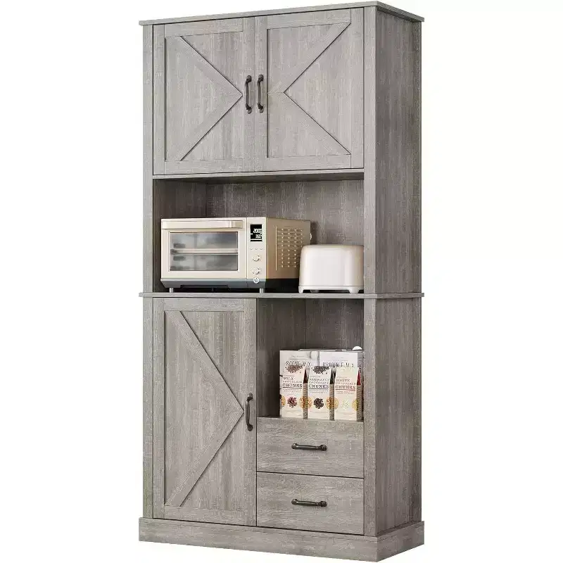 Stylish Kitchen Pantry Cabinet with Microwave Stand, Tall Hutch with Drawers & Shelves, Perfect Storage Solution for Dining and Living Rooms