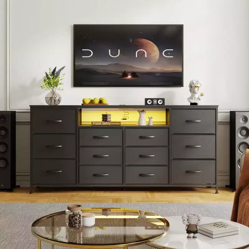 63 TV Stand for up to 75 Inch TV - Fabric Chest of Drawers with Charging Station, LED Lights, Open Shelves, 12 Drawer Dresser