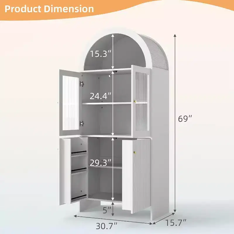 Zevemomo 69 Tall Arched 5-Tier Storage Cabinet with Lights for Kitchen, Living Room, Dining Room, Pantry, Bathroom White