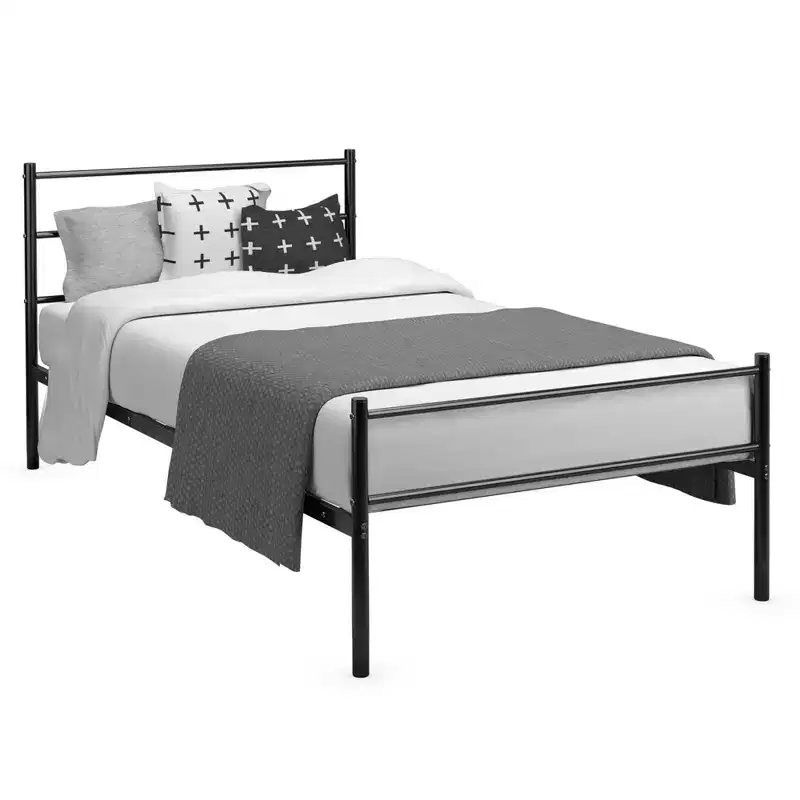 Twin Size Metal Bed Frame Platform Mattress Foundation W/ Headboard Black