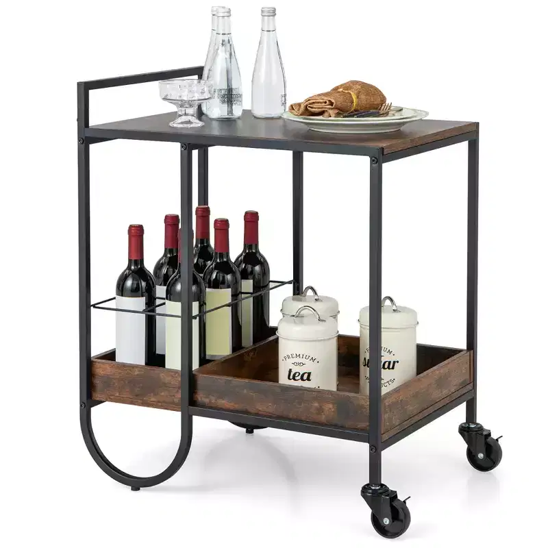 Industrial Rolling Bar Cart with Removable Wine Rack - Rustic Brown