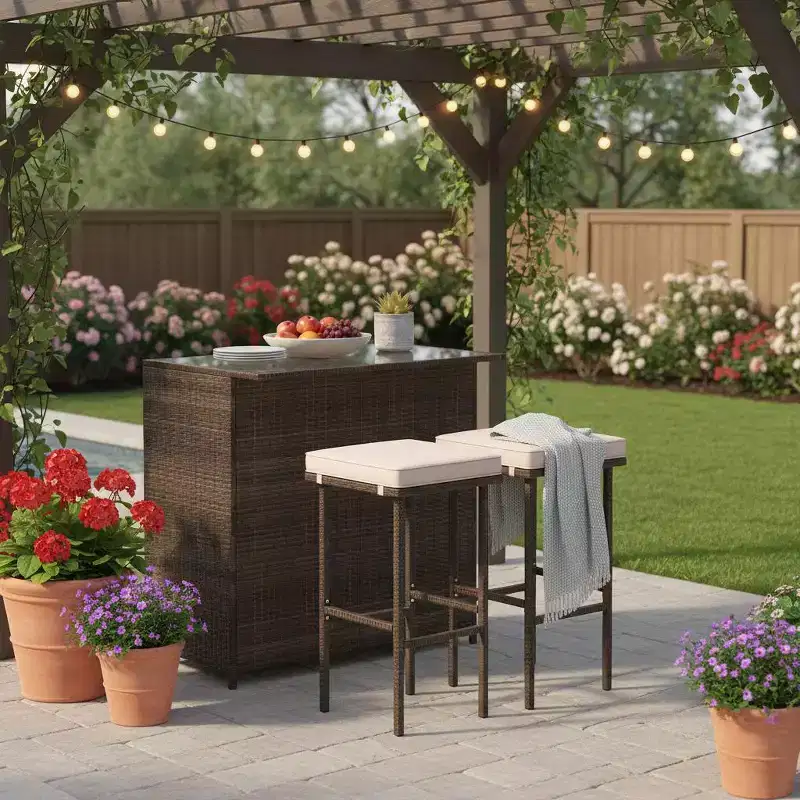 Gymax 3PCS Outdoor Bar Set 39 Rectangular Bar Table w/ 2 Soft Padded Stools Removable Cushions Tempered Glass Tabletop & 2 Storage Shelves Beige/Red