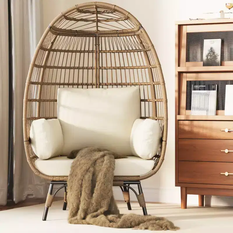 Egg Chair, Wicker Egg Chair with Plush Cushion, Steel Frame and Metal Base, Lounge Chair for Indoor & Outdoor Patio, Living Room, and Backyard