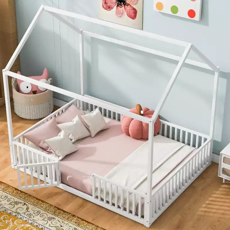 Full/Twin Size Platform Bed, House-Shaped Metal Bed Frame with Fence and Door -ModernLuxe
