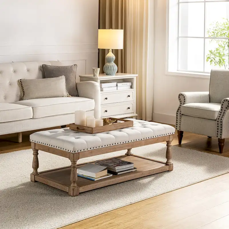 Upholstered Rectangular Cocktail Ottoman with Storage Tray