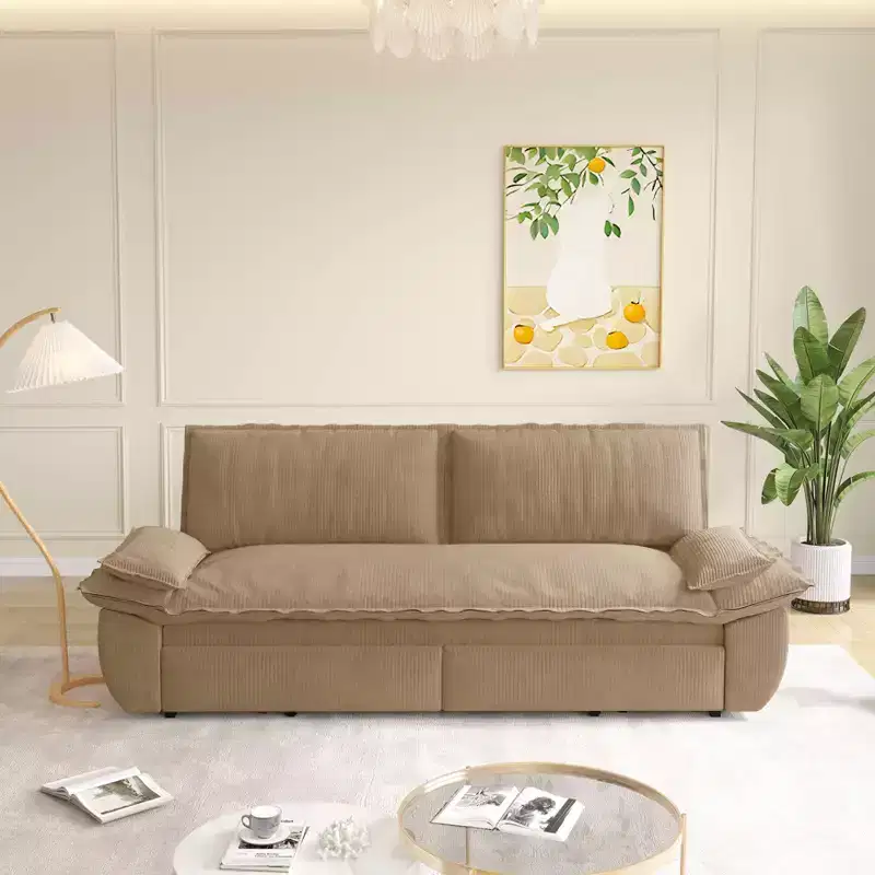 MAYEERTY 73.2 Queen Pull Out Sofa Bed, 3-in-1 Convertible Sleeper Sofa, Multifunctional Velvet Loveseat Bed Camel