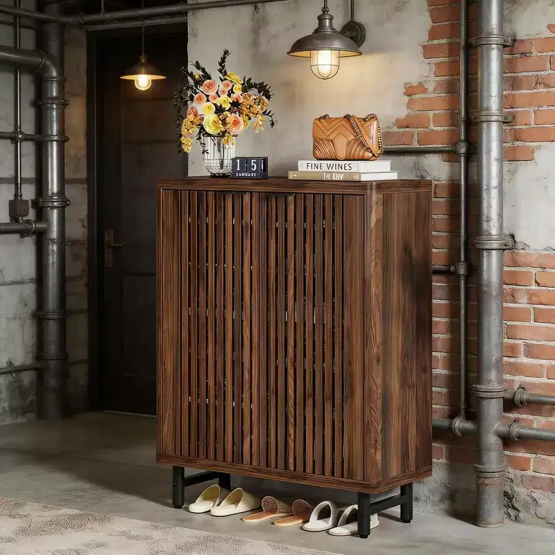 6-Tier Wooden Shoe Cabinet with Louvered Doors & Adjustable Shelves