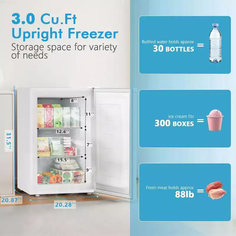 ZAFRO 3.0 Cu.ft Small Upright Freezer, Compact with Removable Shelves, Adjustable Thermostat, Reversible Door, Quiet for Home/Office, White