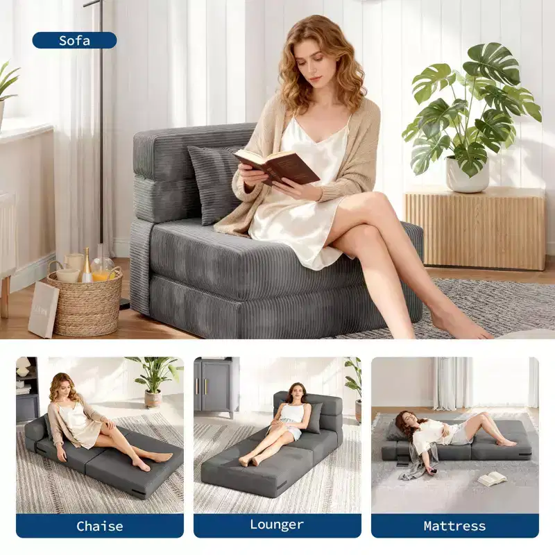 72 x 28 x 6 Inches Folding Sofa Bed Sleeper Chair, Convertible Futon Couch with Pillow, Single Size Foldable Mattress for Living Room, Dorm, Apartment