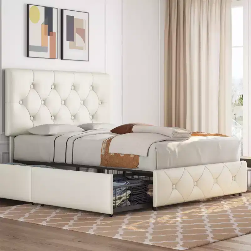 Yaheetech Upholstered Faux Leather Bed Frame with Adjustable Headboard