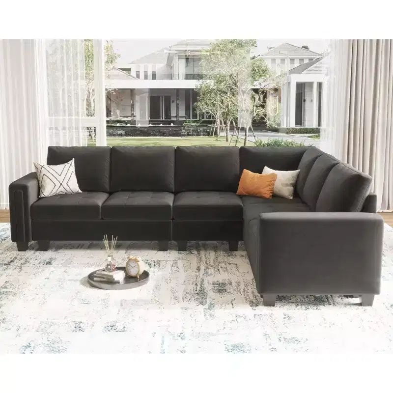 Belffin Modular Velvet Tufted L Shaped Sofa Couch with Reversible Chaise Convertible Modular Sectional Sofa Set with Storage Ottoman