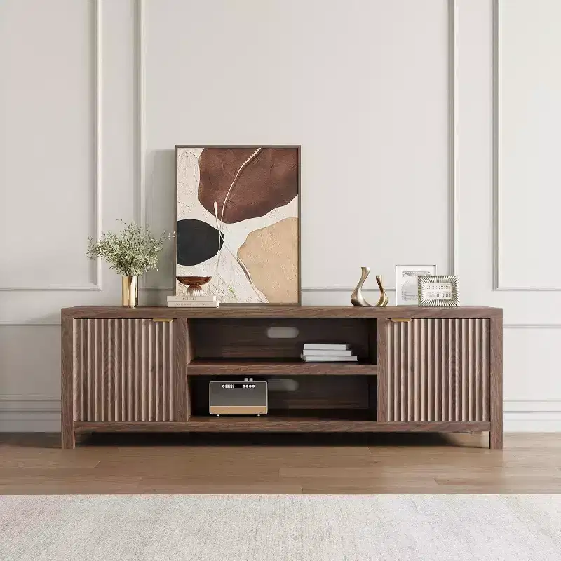 Fluted TV Stand for 80 inch, Modern Entertainment Center with Adjustable Shelves, TV & Media Cabinet 2-Tier Storage for Living Room Bedroom