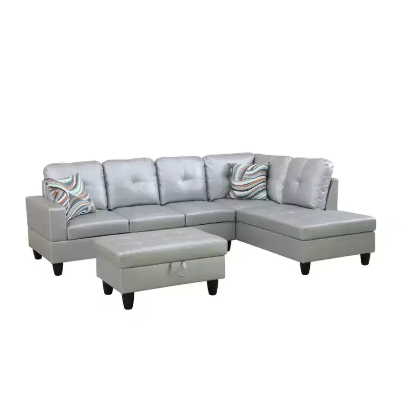 Light Grey Semi-PU Leather L-Shaped Sectional Sofa with Storage Ottoman