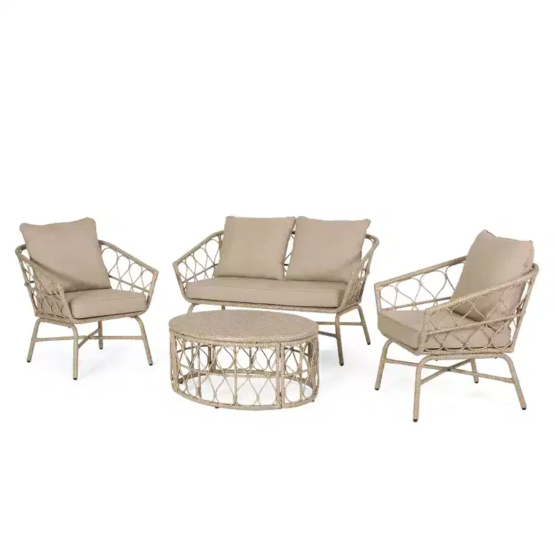GDFStudio Colmar Outdoor Wicker 4 Seater Chat Set with Cushions, Light Brown/Beige