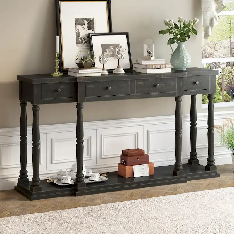 Retro Console Table with 4 Front Facing Storage Drawers and 1 Shelf
