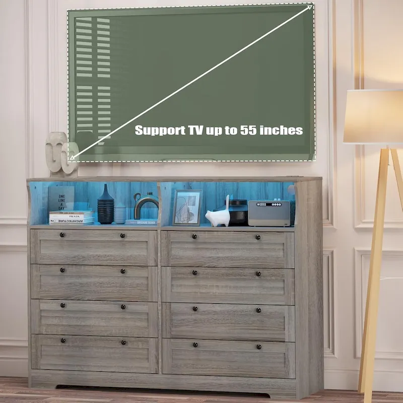 Modern Wood Dresser with 8 Drawers, Bedroom Dresser with Charging Station & LED Lights