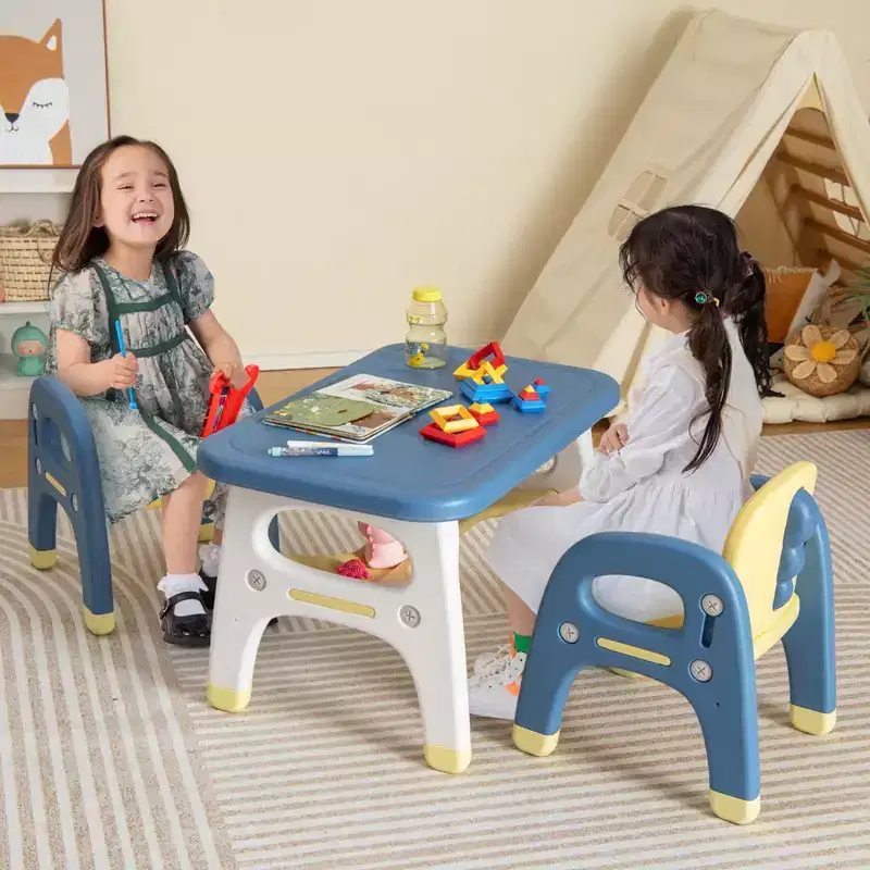 Costway Kids Table and 2 Chairs Set Activity Art Desk with Storage Shelf & Building Blocks