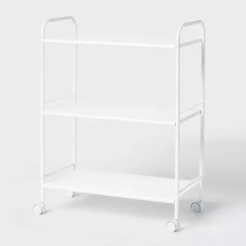 3-Shelf Wide Metal Rolling Storage Cart with Side Handles, White