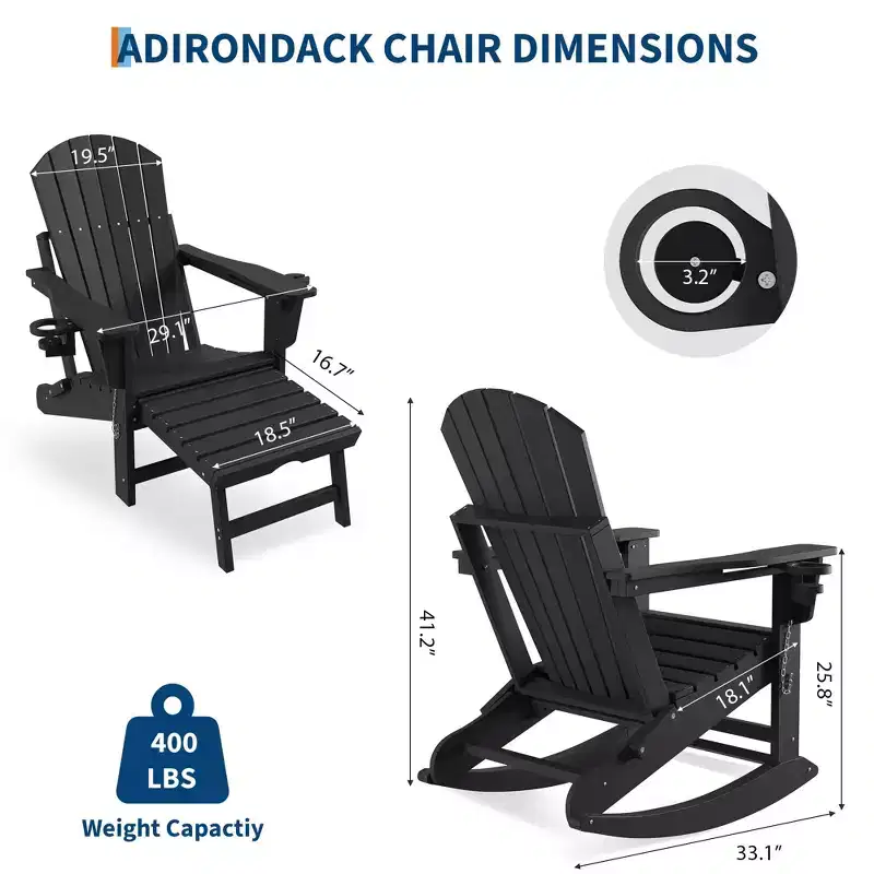 GustoWave Adirondack Outdoor Rocking Chairs with Retractable Ottoman, HDPE All Weather Patio rockers with Cup Holders