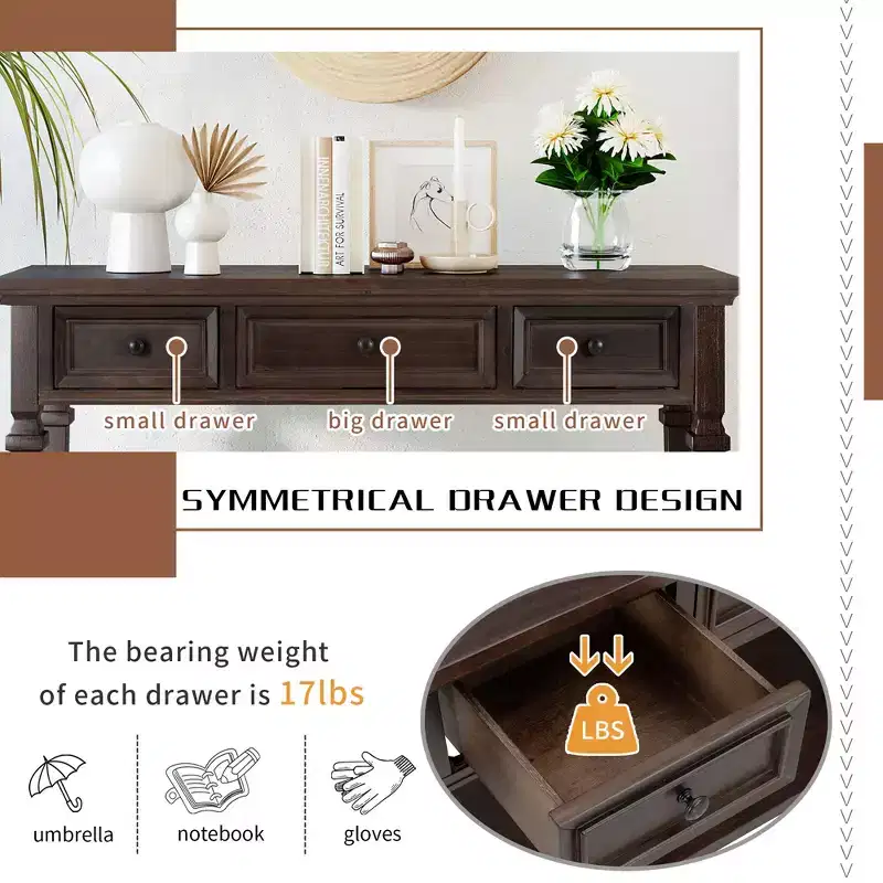 Whisen Classic Retro Style Console Table with 3-Top Drawers and Open Shelf