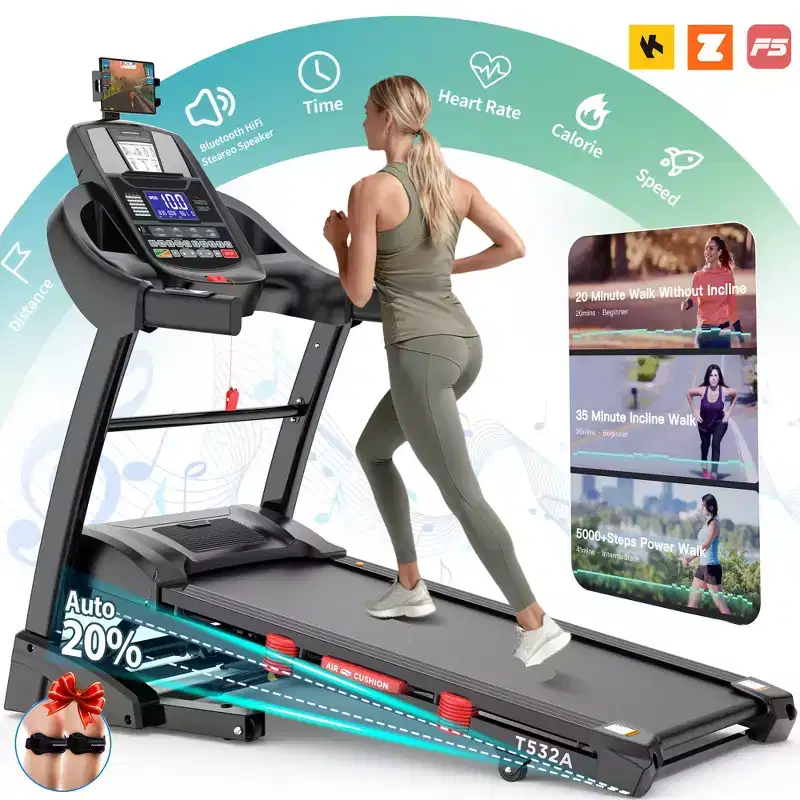 Folding Electric Treadmill for Home, 5HP Motor, 400 Lbs Capacity, Up to 12 MPH Running Machine with 20% Auto Incline, APP & Bluetooth Control