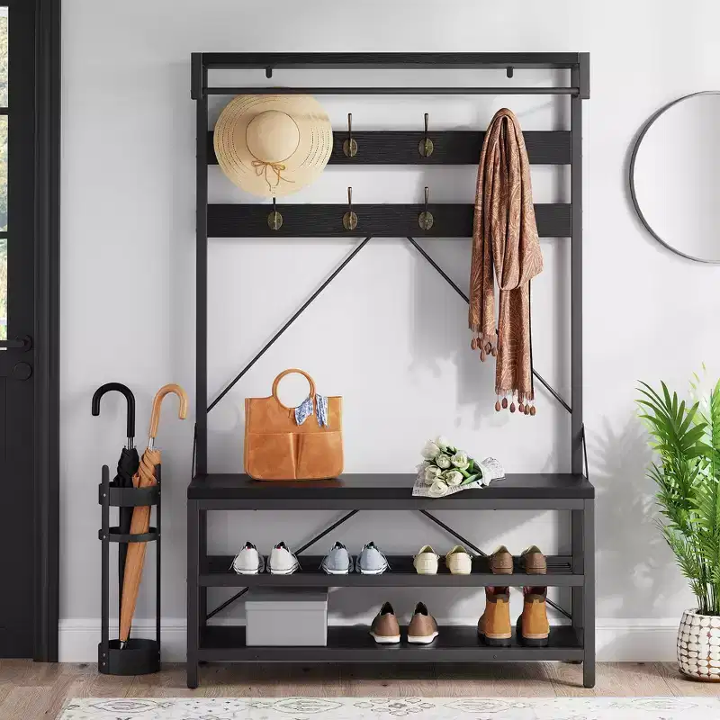 72 Tall Coat Rack & Shoe Bench  Industrial Entryway Storage with Shelf & Hooks