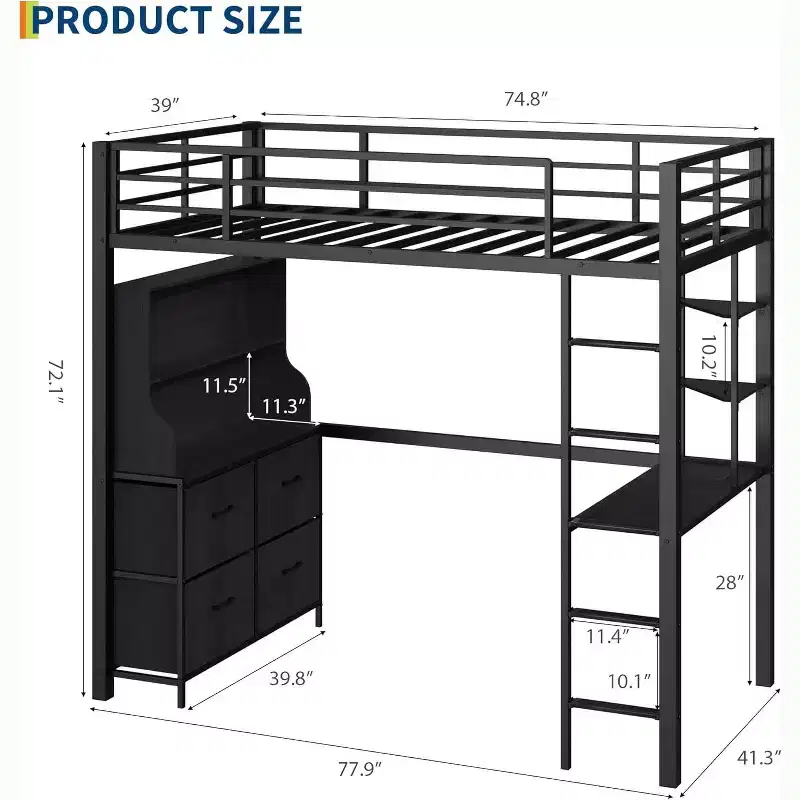 Double loft bed with desk, 4 large fabric drawers and open shelves, equipped with lights, sockets, safety rails and ladder, space-saving