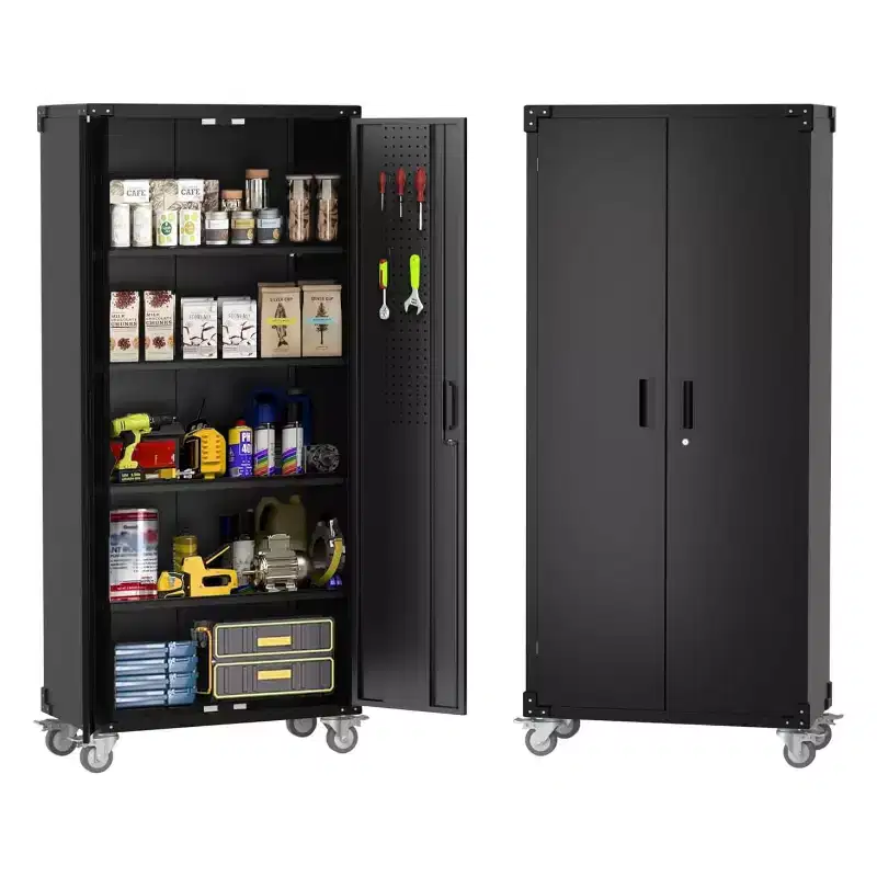 Garvee 72 inch Metal Garage Cabinet with Pegboard, Tall Storage Cabinets W/Doors & Adjustable Shelves, Black