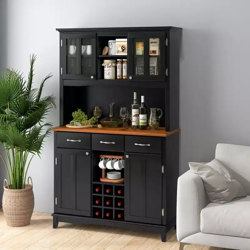 Buffet And Hutch Kitchen Storage Cabinet Cupboard w/ Wine Rack & Drawers Black
