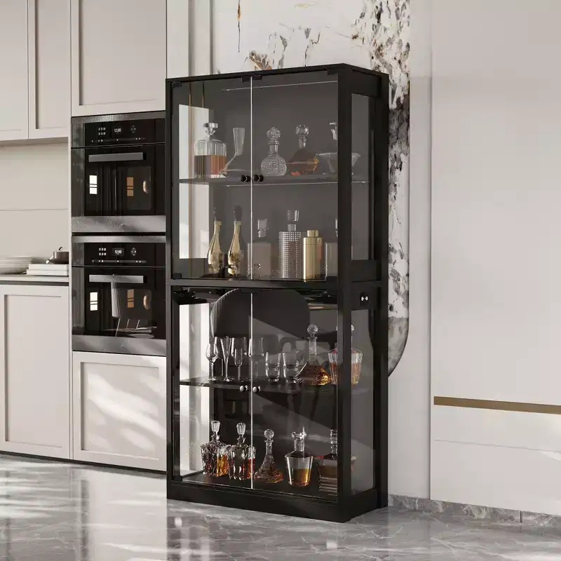 31.5x65 Tempered Glass Curio Cabinet with Motion Sensor Lights 4-Door Tall Black Display Case Bookcase Bookshelf Sideboard Pantry