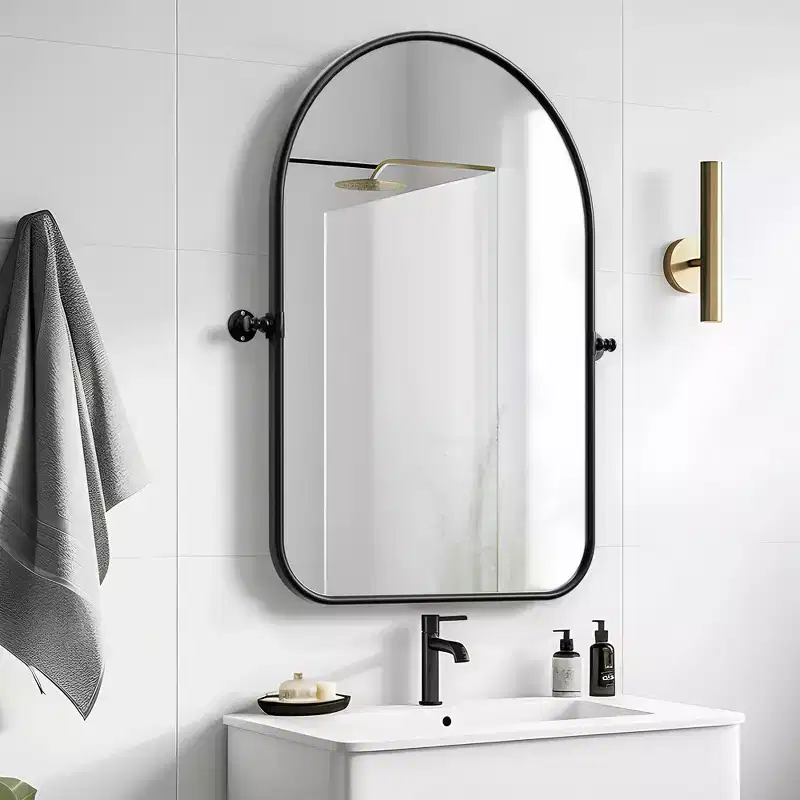 Hanging Mirror Iron Rounded Corner Arch Gold Rotating Hardware 31x23x2in Double Sided