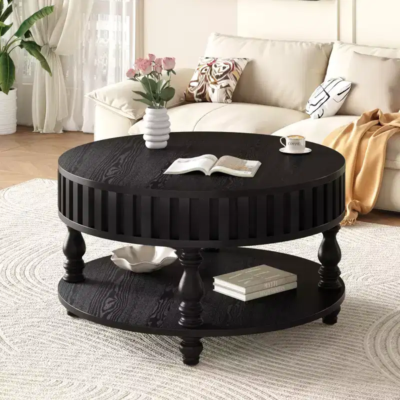 Vintage Round 2-Tier Coffee Table with Dual Storage, Solid Wood Veneer